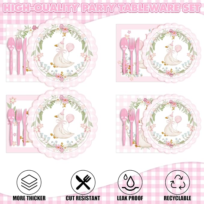 Zhehao 350 Pcs One Silly Goose Birthday Party Tableware Set Scalloped Pink Gingham Baby Shower Plates Cup Napkins Forks for Birthday Party Decorations Supplies for 50 Guests