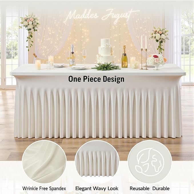 Outpain 6ft Spandex Table Cloth for Standard Folding Tables-4Pack Ivory Table Cloth Table Protector for Party, Wedding, Cocktail, Banquet, Festival