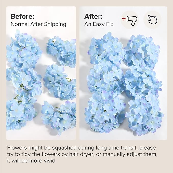 Auihiay 64 PCS Full Artificial Hydrangea Flowers, Blue Purple Silk Hydrangea Heads with Stems, Fake Flowers for Wedding Centerpieces, Baby Shower, Home, Garden, Party Decoration (Blue Purple)