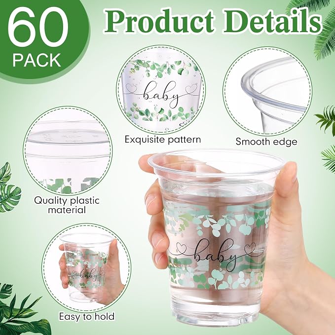 Funnymoom 60 Pack Sage Green Baby Shower Plastic Cups 12 oz Eucalyptus Greenery Disposable Clear Plastic Cups for Baby Shower Birthday Boho Greenly Party Decorations Supplies