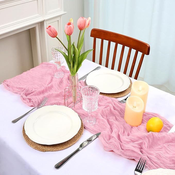16 Pack Pink Cheesecloth Table Runner 10ft Boho Gauze Fabric 120 Inch Cheese Cloth Table Runner Rustic Sheer for Holiday Baby Shower Party Décor Home Wedding Decoration