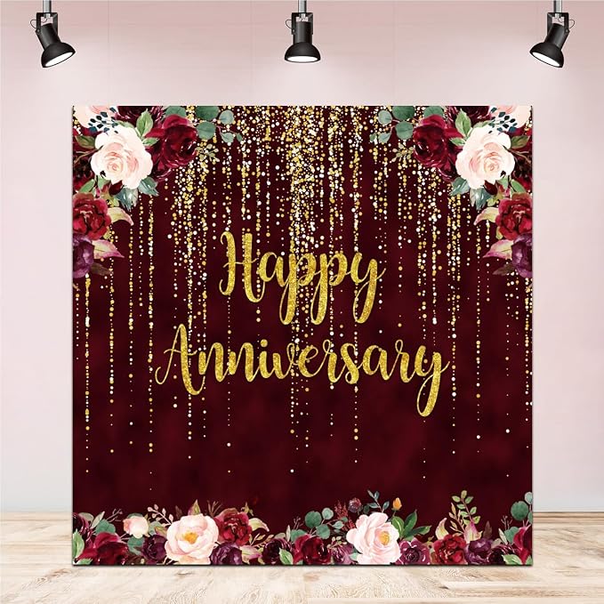 10x10ft Happy Anniversary Backdrop, Gold Glitter Burgundy Wedding Anniversary Background 1st 40th 50th 71th Couple Wedding Women Birthday Floral Party Decorations Cake Table Decor