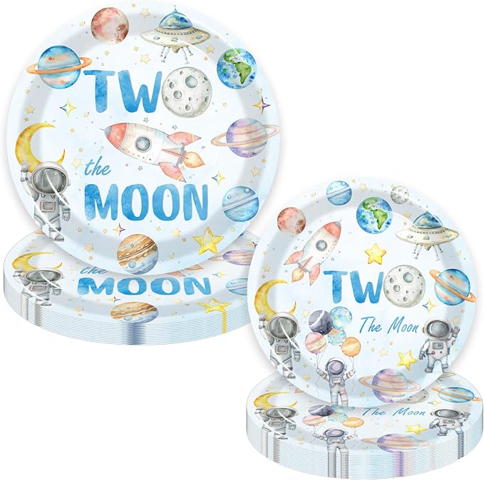 100 Pcs Outer Space 2nd Birthday Party Supplies - Space Two the Moon Plates Napkins Forks Paper Cups Tableware Kit for Space Galaxy Astronaut Theme Boys 2nd Birthday Decorations(20 guests)