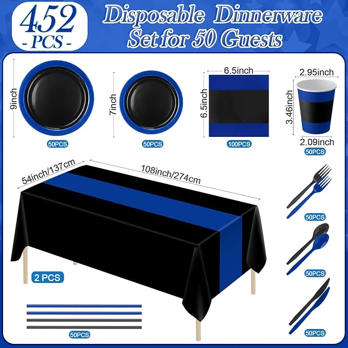 Funnymoom 452 Pcs Royal Blue and Black Party Supplies for 50 Guest, Blue and Black Paper Plates Cups Napkins Tablecloth Cutlery Straw Tableware Set for Graduation Birthday Wedding Party Decoration