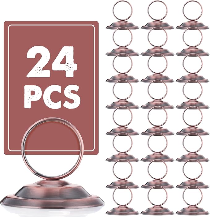 MotiMind 24 Pcs Table Number Holders-Metal Place Card Holders Table Number Stands Tabletop Sign Stands for Photos, Menu, Memo, Notes, Wedding, Restaurant, Banquet, Birthday(Antique Copper)