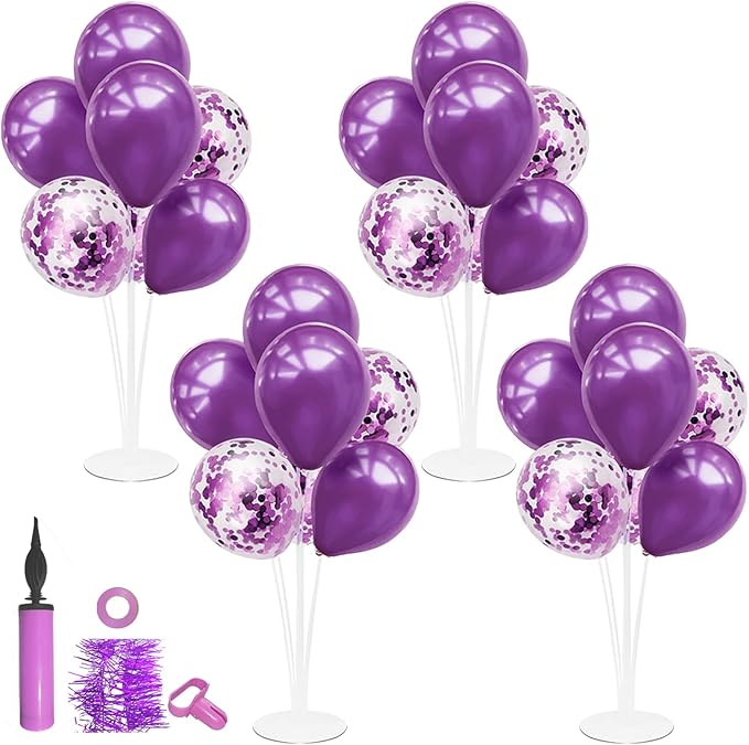 ZJDHPTY 4Set Purple Balloon Stand Table Centerpieces Party Decor | Birthday Decorations Graduation Retirement Bridal Shower Wedding Anniversary Halloween New Years Eve Party Supplies