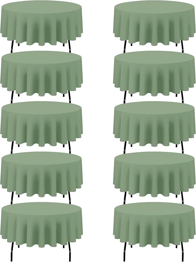BRILLMAX 10 Pack Sage Green Round Tablecloths 90 Inch for 60” Tables - 150 GSM Polyester Fabric, 15" Standard Drop, Water, Stain & Wrinkle Resistant Cloth Cover for Wedding Reception Banquet Dining