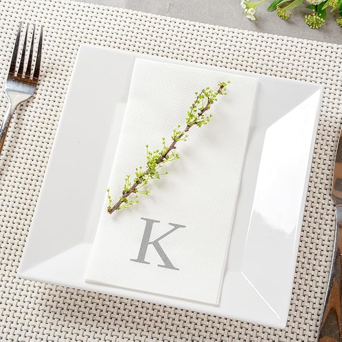 Luxenap 15.8 X 7.9 Inch Linen-Feel Guest Towels, 2000 Lettered Hand Towels - Silver Letter 'K', Sans Serif Font, White Paper Dinner Napkins, airlaid, For Restrooms And Tables - Restaurantware