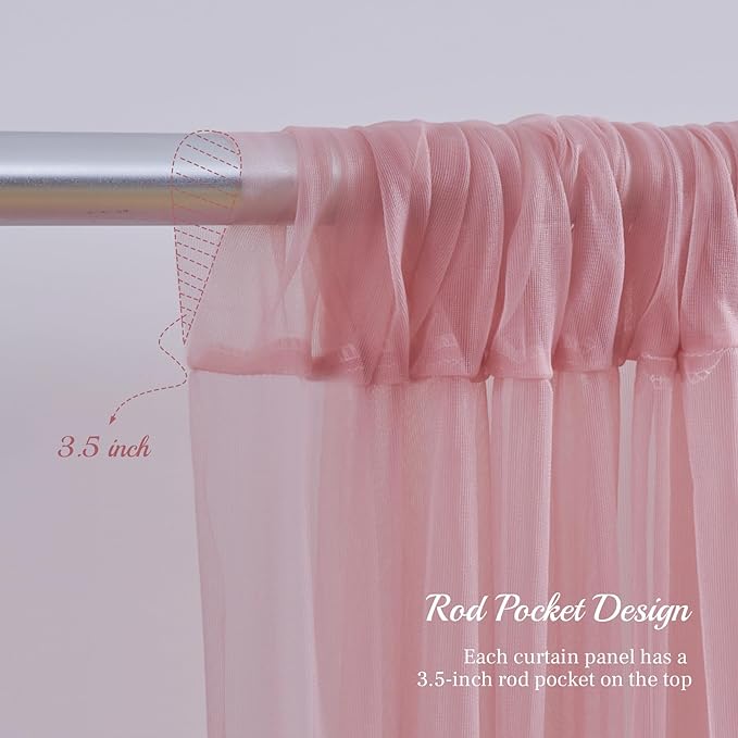 10x8ft Dusty Rose Tulle Backdrop Curtain with Lights String for Parites, Sheer Backdrop Curtains for Wedding Baby Shower Birthday Party Photo Shoot Decorations