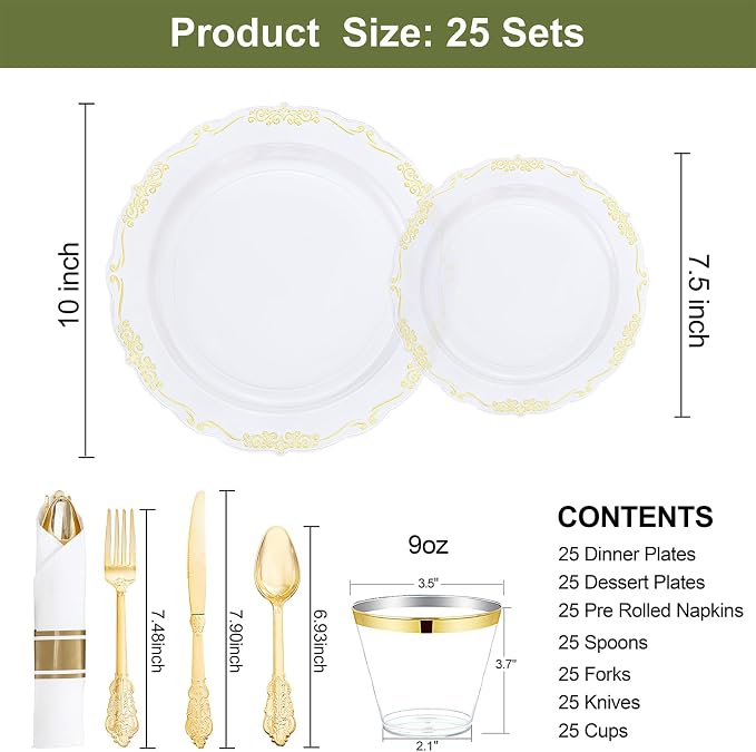 U-QE 175 Pieces Gold Plastic Plates and Napkins Party Supplies - Clear and Gold Dinnerware Set 25 Guest - 25 Dinner Plates, 25 Dessert Plates, 25 Per Rolled Napkins with Cutlery, 25 Cups 9 OZ