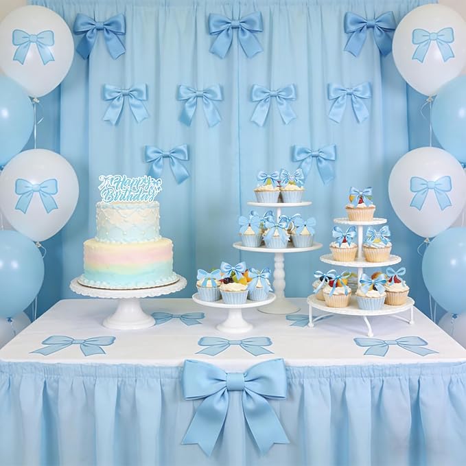 Blue Bow Birthday Decorations Set Includes Plates, Napkins, Cups, Cutlery, Banner, Hanging Swirls, Cake & Cupcake Toppers, Honeycomb Centerpieces, Balloons, Tablecloths for Coquette Party Decorations