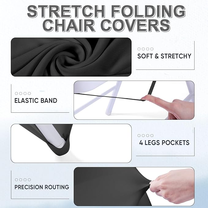 Lounsweer 50 Pcs Folding Chair Cover Set with 25 Stretch Spandex Slipcovers 25 Satin Chair Sashes Bows Ribbon Washable Banquet Protector for Wedding Event Party(Black, White)