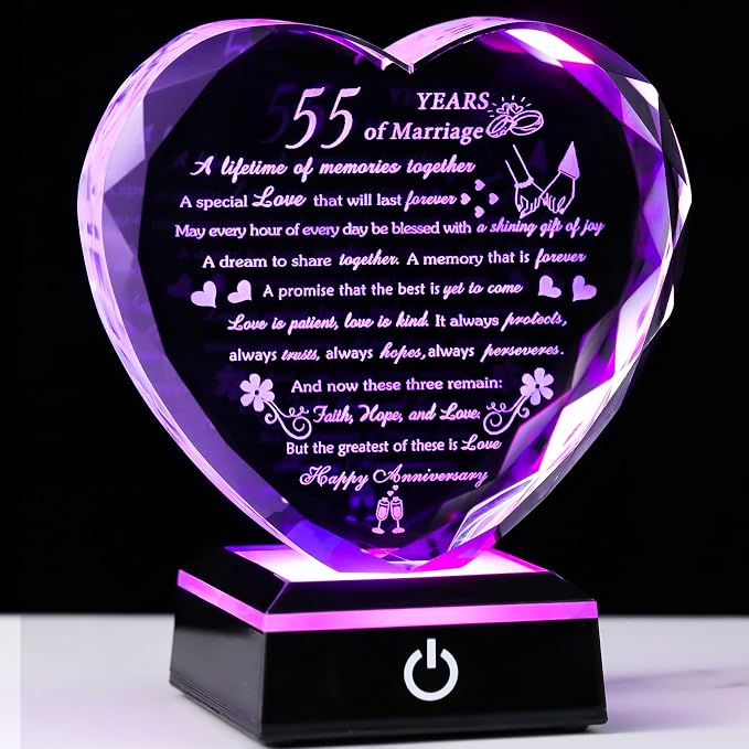 Happy 55th Wedding Anniversary Crystal Gifts for Couples Parents, 55th Wedding Anniversary Keepsake Gifts for Her Him with Colorful LED Base, Romantic 55 Years of Marriage Heart Gift for Wife Husband