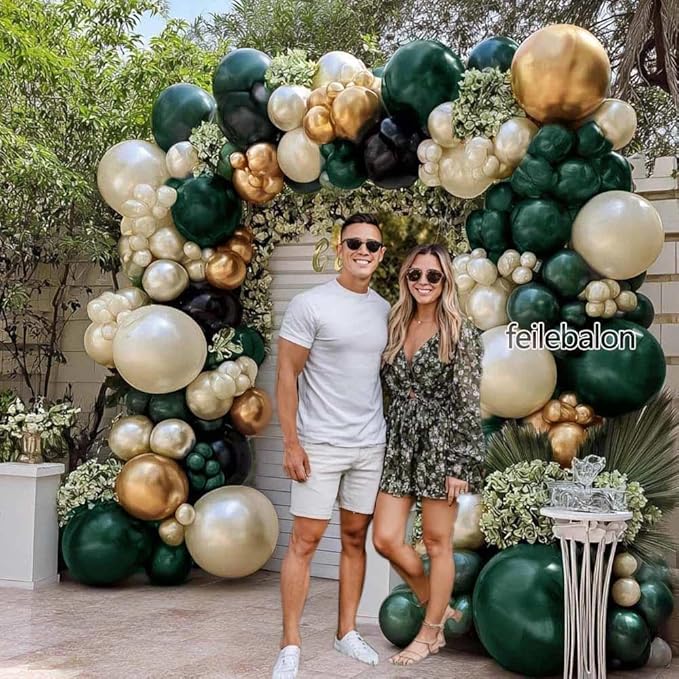 Dark Green Black Balloon Arch Double Stuffed Emerald Hunter Green, Pearl White Sand Gold Balloon Garland Kit for Birthday Wedding Anniversary Bridal Baby Shower Graduation Party Decoration