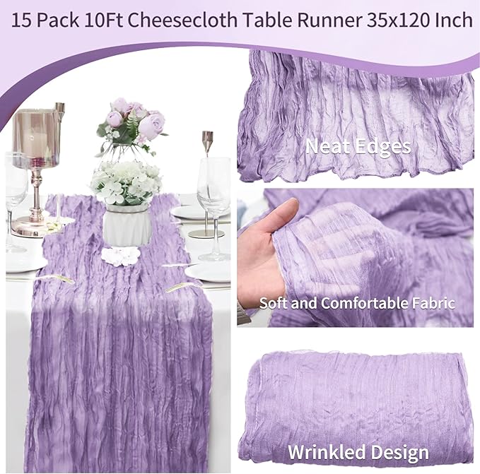 15 Pack Cheesecloth Table Runner 10Ft Cheese Cloth Table Runner 35 x120Inch Boho Gauze Table Runners Romantic Table Cloth for Wedding Birthday Party Engagement Baby Bridal Shower Table Decor(Lavender)