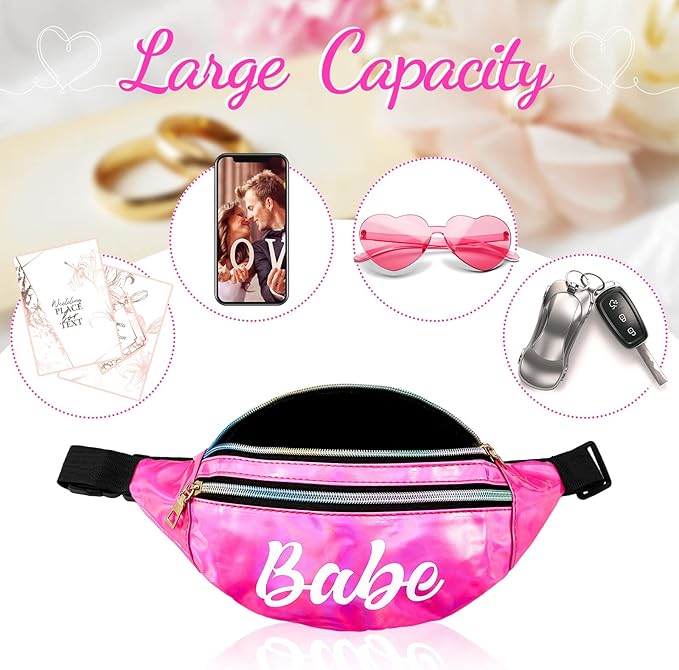 7 Pcs Bachelorette Party Fanny Pack Set Bride and Babe Pack Holographic Belt Laser Waist Bag with Adjustable Belt for Women Wedding Bridal Shower Party Favors