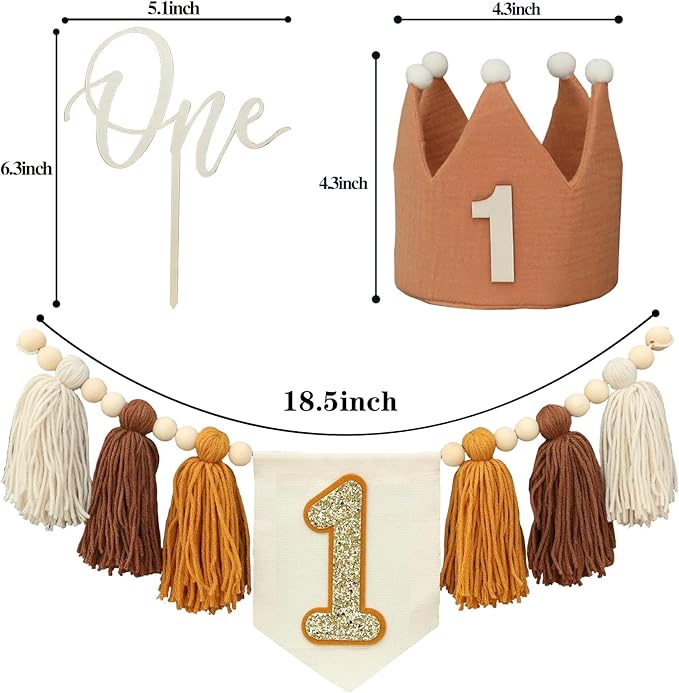 Baby Boy First Birthday Party Decorations Brown High Chair Banner 1st Crown Cake Topper 1st Birthday Decor