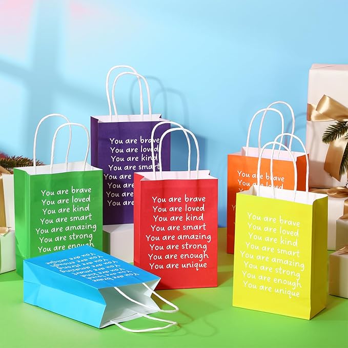 Coume 12 Pcs Inspirational Gifts Bags with Handle Employee Coworker Appreciation Goodie Paper Handbags for Graduation Birthday Party Kraft Thank You Bags Classroom, 5.9 x 3.15 x 8.27 Inch (Classic)