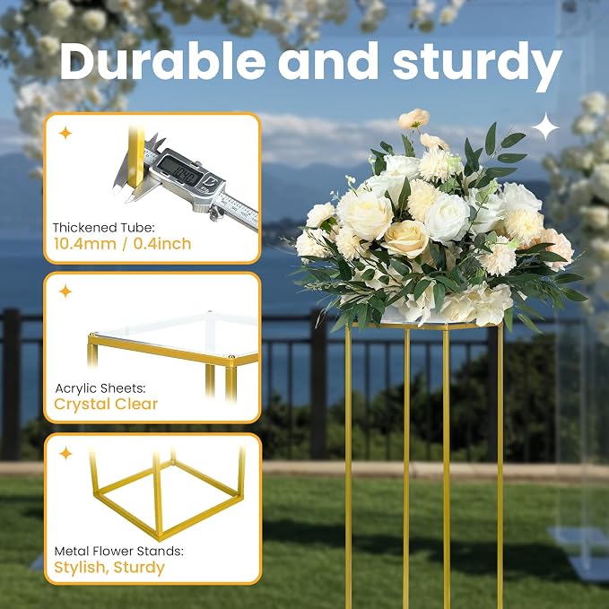YALLOVE 2 Pack 23.75 Inch Gold Wedding Flower Stand Metal Vase Column Stand Geometric Centerpiece Vase for Home Party Wedding Decorations, Rectangular Flower Display Rack