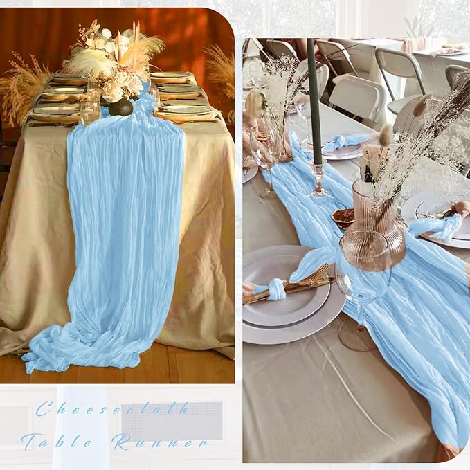 6 Pcs Baby Blue Cheesecloth Table Runner 10FT Runner for Tables 35 x 120 Inches Long Gauze Boho Fabric Table Runner Decoration Rustic Sheer Runner for Wedding Birthday Baby Shower Party (Baby Blue)