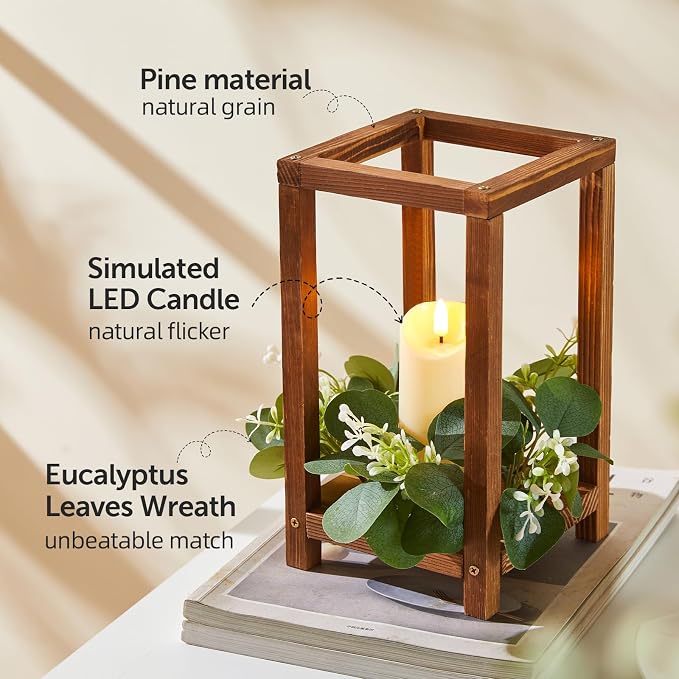 54 Pcs/18 Set Wooden Wedding Lantern Centerpiece, Wooden Centerpieces for Tables-with 18 Holders 18 Candles 18 Wreaths for Rustic Table Decoration Country Barn Wedding Party (Brown)