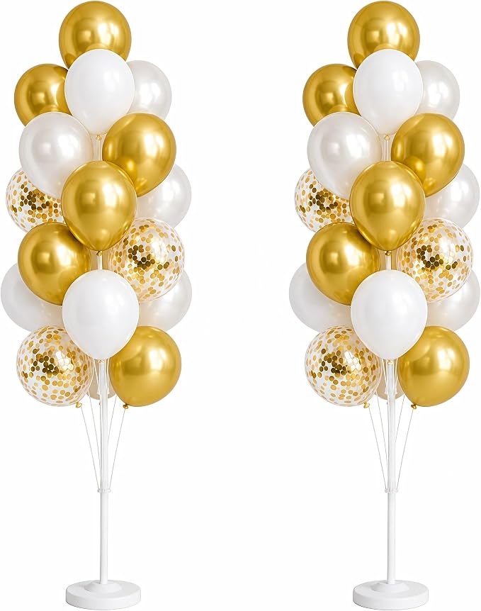 Hiins Balloon Column Kit Set of 2 With Metallic Gold Confetti&White Balloons - with Base,Pole,Balloon Tower Decoration for Graduation Wedding,Baby Shower,Birthday Party,Bachelorette Party
