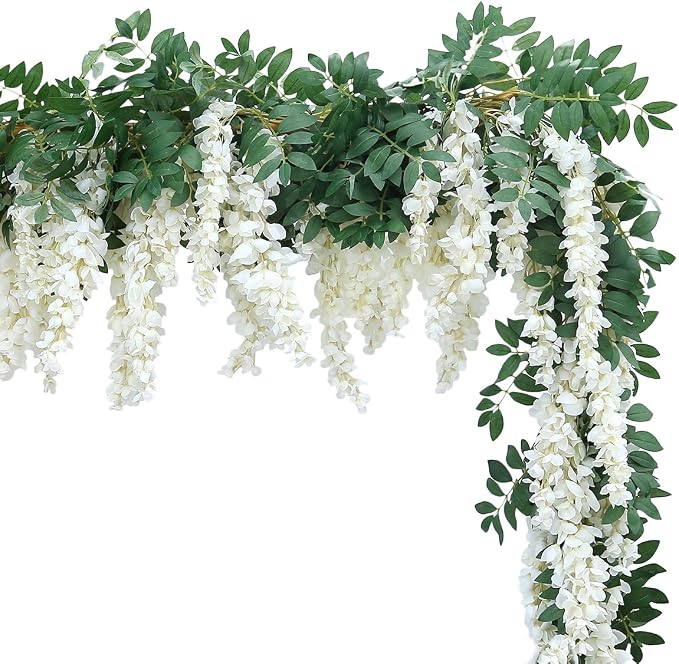 1pc/2pcs Encrypted Flower Vine Wisteria Artificial Flowers Garland,White Wisteria Hanging Flowers Flower Garland Decorations for Home Garden Outdoor Ceremony Wedding Arch Decoration (White, 2pcs)