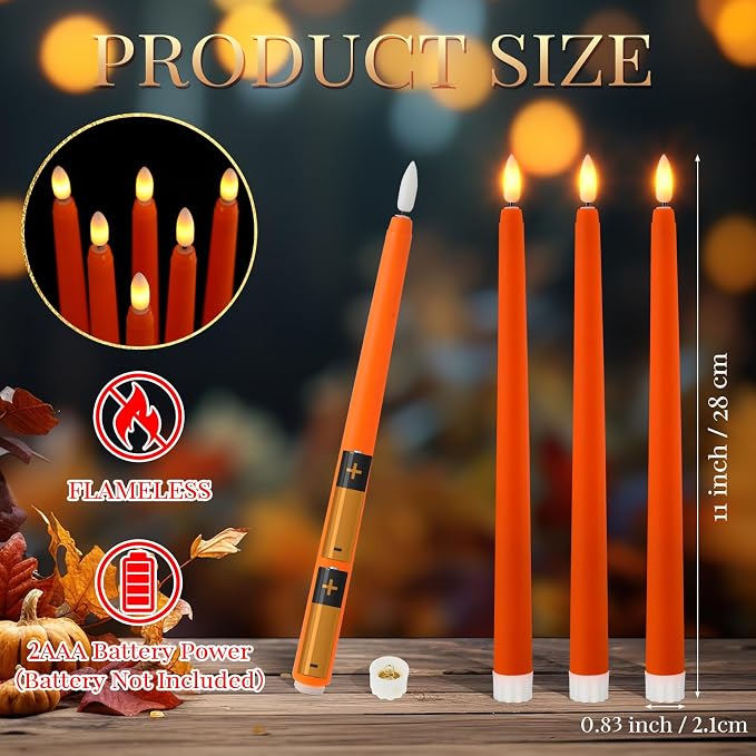 Macarrie 24 Packs Flameless Taper Candles Battery Operated Fake 11 Inch Long Candlelight LED Flameless Candlesticks Flickering Tapered for Summer Fall Wedding(Orange)