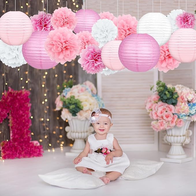 Celehappy Pink Paper Lanterns Decoration Tissue Paper Pom Poms Paper Flower 18pcs Party Decorations for Baby Shower Wedding Valentine Birthday Party - Hot Pink/Pink/White