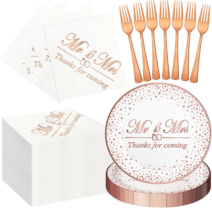 150 Pcs Bridal Shower Rose Gold Party Supplies Napkins Plates Forks Tableware Disposable Dinnerware Set for Bridal Shower Wedding Engagement Bachelorette Party Decorations (Mr and Mrs Style)
