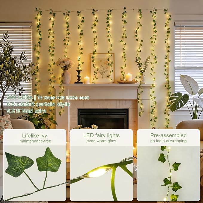 JMEXSUSS 200 LED Ivy Vine Lights, Fairy Curtain Lights USB & Battery Operated with Remote, 6.5x6.5ft Vines with Fairy String Lights for Bedroom, Dorm, Classroom, Wedding, Indoor, Outdoor Decor