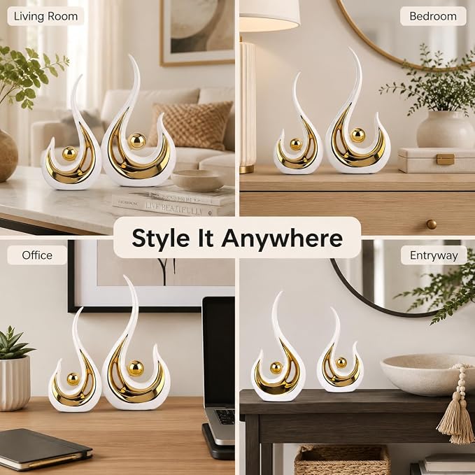 XMGZQ 2pcs White and Gold Modern Abstract Art Statue Table Decoration,Elegantes Ceramic Statue for Home Décor Accent,Mantel,Bookshelf,Centerpiece Table Decorations for Dining Room,adornos para sala
