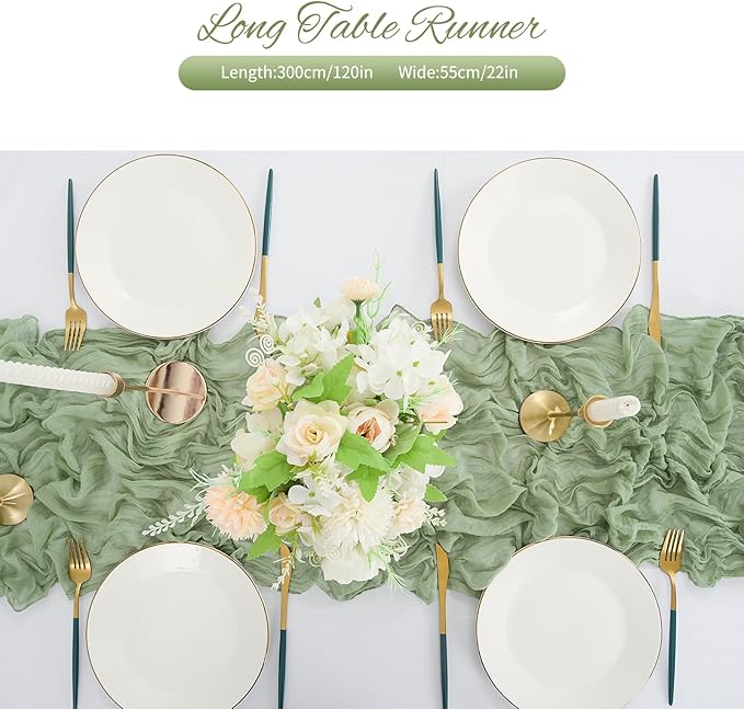 10 Pack Sage Green Cheesecloth Table Runner 10FT Boho Romantic Gauze Table Runner 20 x 120 Inch Rustic Sheer Runner for Wedding Party Bridal Shower Thanksgiving Christmas Decoration