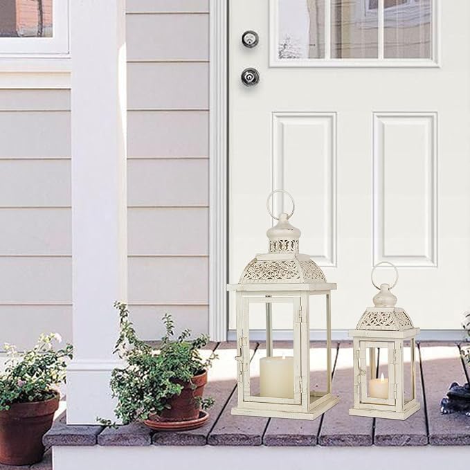 Large Lantern Decorative Outdoor & Indoor, Set of 2 (14’’&10’’) Metal Candle Lanterns Decor, Vintage Hanging Candle Holder for Front Porch Patio Wedding Farmhouse Home, Spring Decoration
