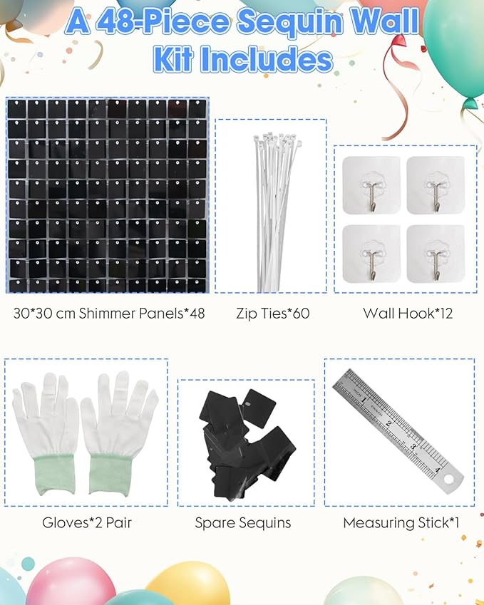 Black Shimmer Wall Backdrop 48 Pcs - 8x6ft Glitter Sequin Photo Booth Background for Wedding Birthday Party Anniversary Decor, Reusable & Easy to Install with Zip Ties Included