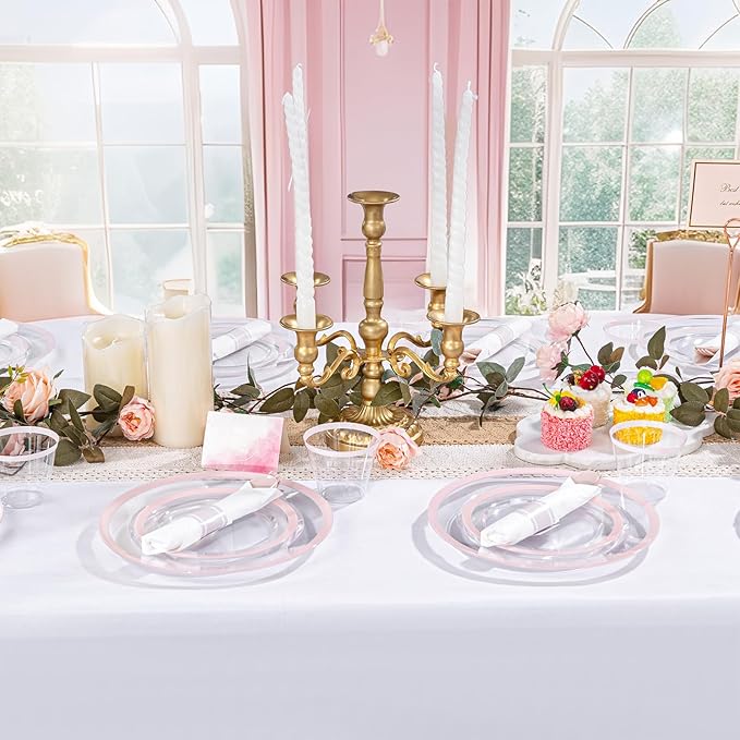 I00000 350 Pcs Clear Pink Plates for 50 Guests, Pink Dinnerware Include 100 Plates, 50 Cups, 50 Pre Rolled Napkins with Cutlery Set for Party, Wedding