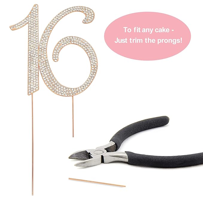 16 Cake Topper - Premium Rose Gold Metal - Sweet 16 Birthday Party Sparkly Rhinestone Decoration Makes a Great Centerpiece - Now Protected in a Box