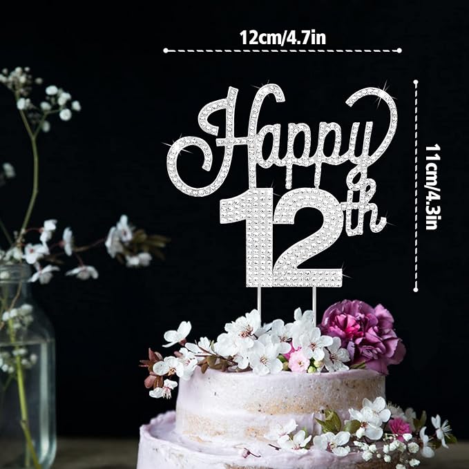 LINGTEER Happy 12th Birthday Silver Rhinestone Cake Topper - Cheers to 12th Birthday Twelve Years Old Party Cake Centerpieces Topper Decorations Gift Sign.
