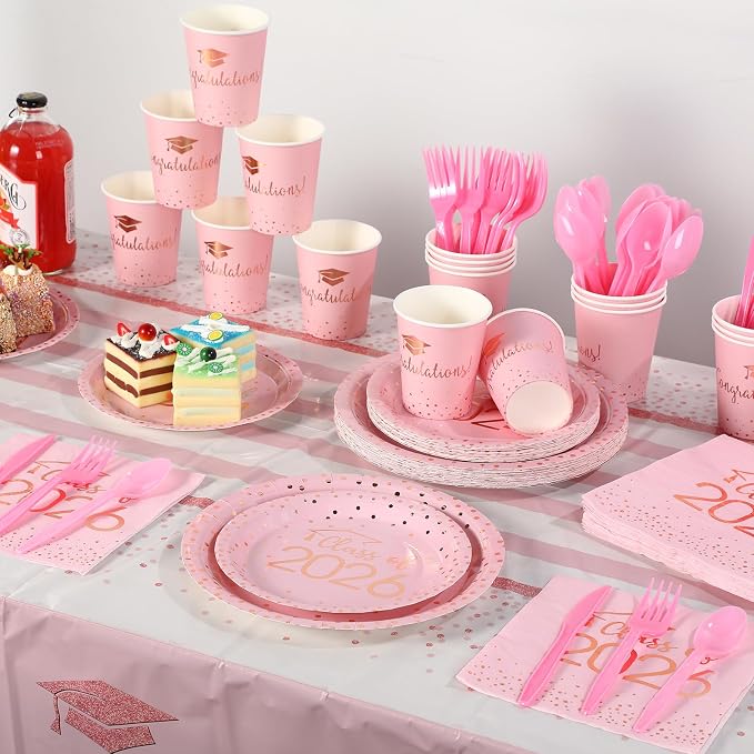 175pcs Class of 2026 Graduation Plates and Napkins Set, Disposable Paper Plate Set Polka Dots Plates Napkins Cups Knife Fork Spoon for Graduation Party Decorations and Supplies,Serve 25 (Pink）
