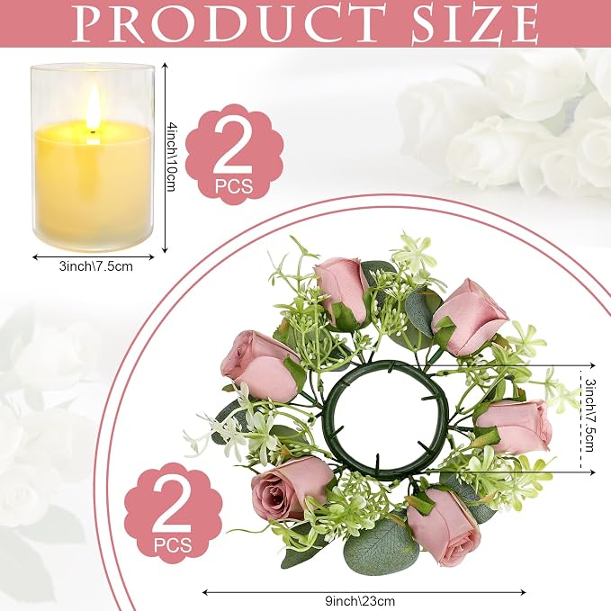 4 PCS Candle Rings - Pink Artificial Roses Rings with LED Flameless Candles Eucalyptus Leaves Wreaths for Wedding Home Centerpieces Banquet Tables Doors Decor, Dusty Pink, 2 Sets