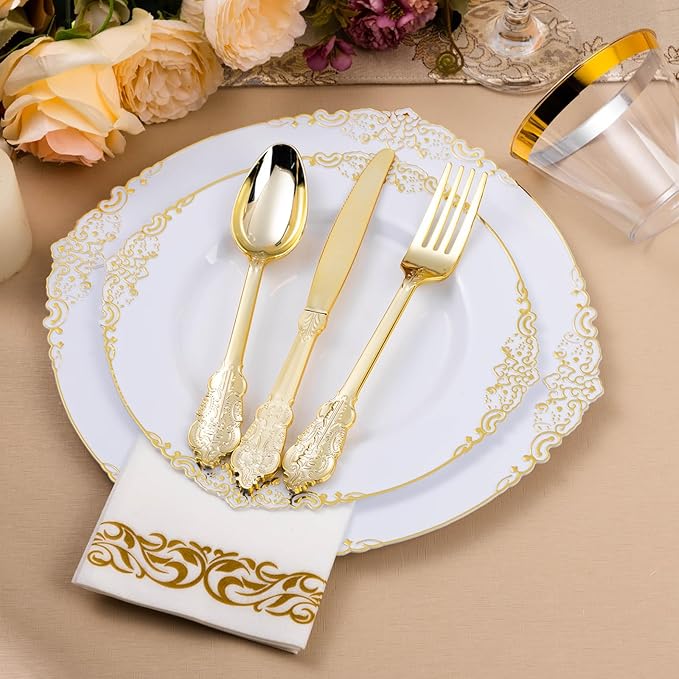 Bestluck 350PCS White and Gold Plastic Plates for 50 Guests, Disposable Dinnerware Set Includes 100 Disposable Plates, 150 Gold Silverware, 50 Cups, 50 Napkins for Party, Wedding