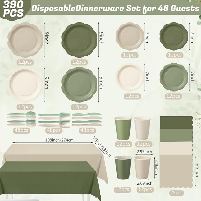 Ceenna 390 Pcs Sage Green Party Decoration for 48 Guests, Gradient Sage Green Beige Paper Plates Napkins Cups Tablecloth Cutlery Disposable Tableware Set for Birthday Baby Shower Wedding Party Supply