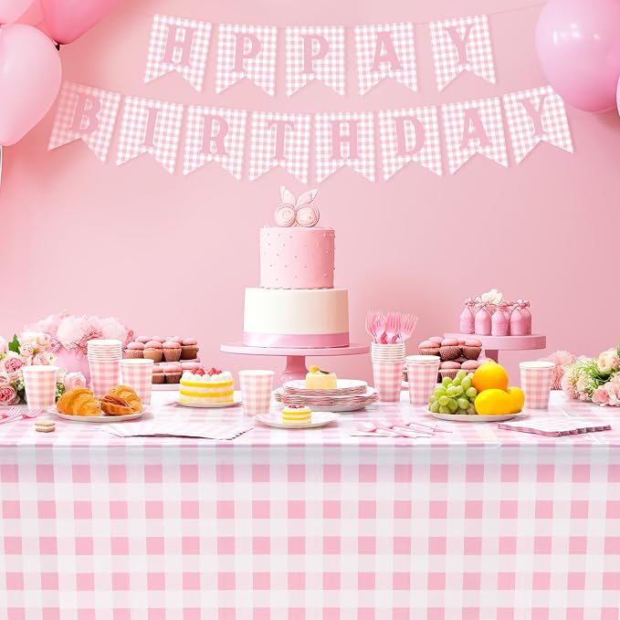 LemonRoad 128 Pcs Pink and White Birthday Party Decoration Women for 25 Guests, Gingham Checkered Light Pink Birthday Paper Plates Napkins Cups Tablecloth Forks Banner for Birthdays Party Supplies