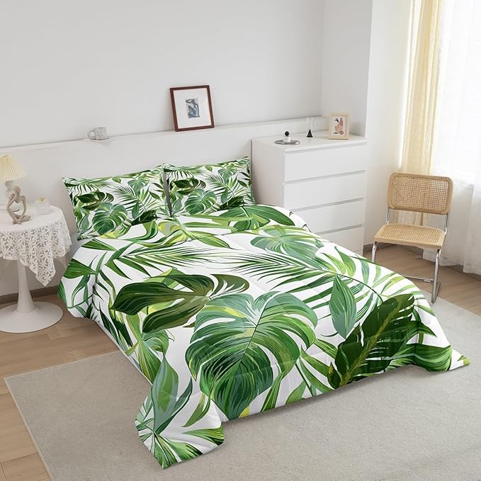 jejeloiu Green Palm Leaf Comforter Set Queen Size Kids Green Tropical Leaves Pattern Bedding Set for Boys Girls Summer Tree Branches Nature Theme Duvet Quilt Room Decor