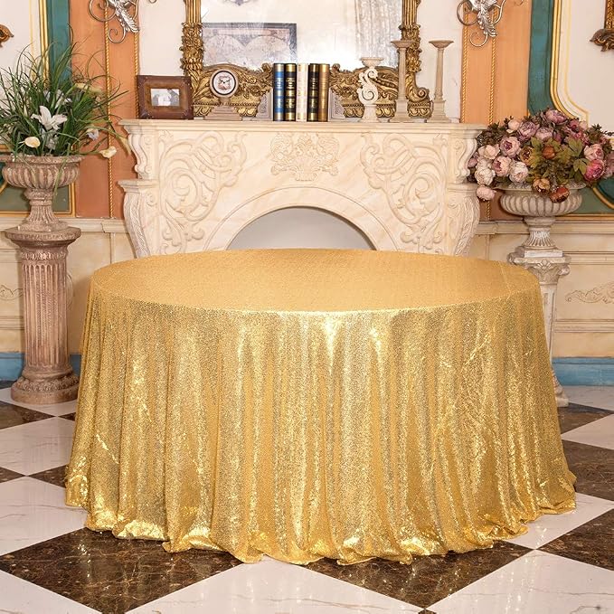 Juya Delight 108-Inch Round New Gold Sequin Tablecloth for Wedding Birthday Party Festival Ceremony Dessert Table