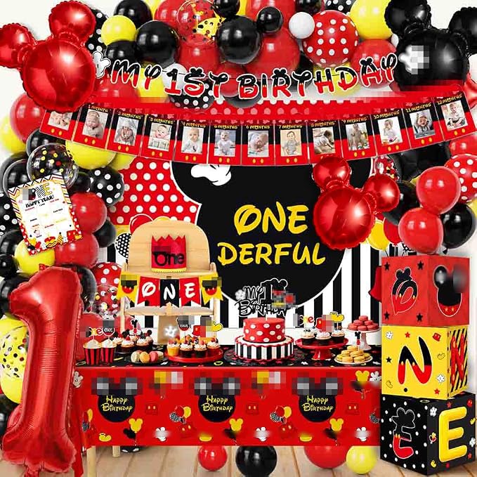 Mouse 1st Birthday Party Decorations 143Pcs First Birthday Decorations Backdrop Balloons Arch Box High Chair Banner Bday Party Idea for Baby Boys Girls ﻿