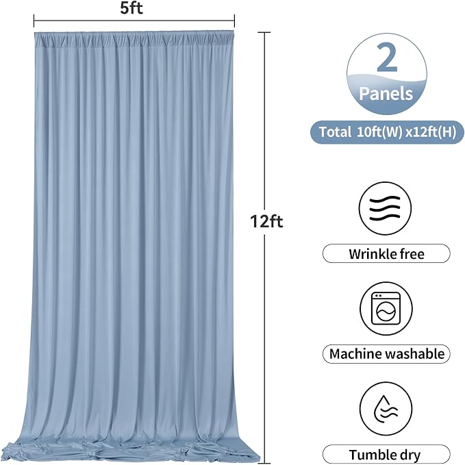 10ftx12ft Dusty Blue Backdrop Curtains for Parties, Wrinkle Free Polyester Photo Backdrop Drapes 2 Panels 12 ft Long Back Drop Cloth Drapery for Wedding Birthday Photography Background Party