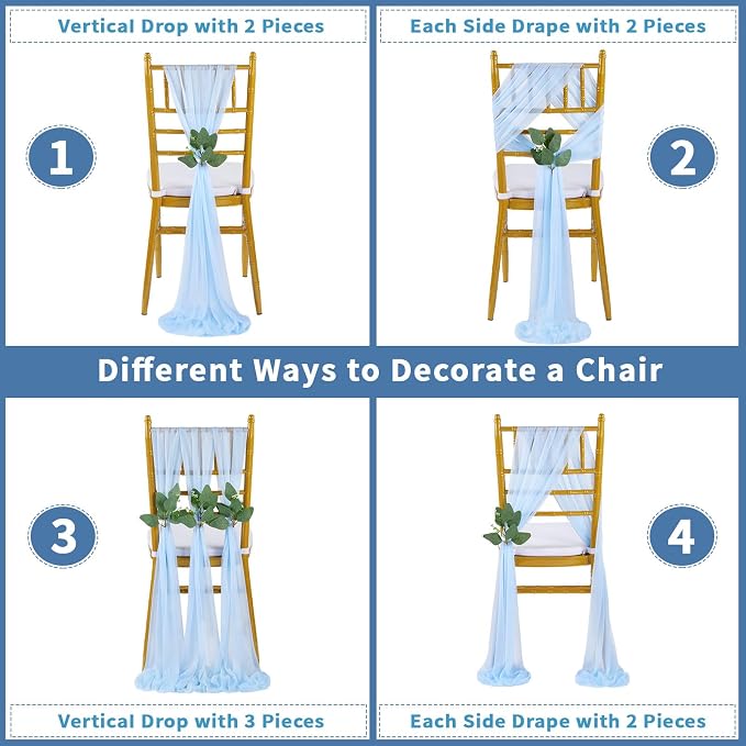 QueenDream Light Blue Sashes Wedding Chair Decorations: 50PCS Tulle Chair Cover Bands Aisle Sheer Bows for Birthday Party Banquet