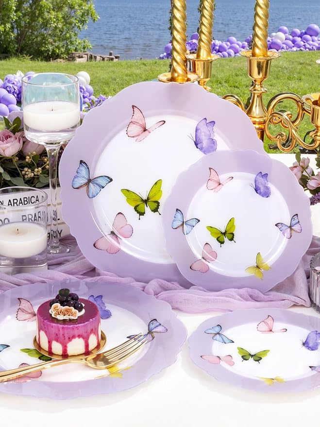 WDF 20PCS Purple Butterfly Plates - Baroque Spring Plates Disposable - Butterfly Party Decorations for Birthdays/Tea Party/Bridal Shower/Mother's Day