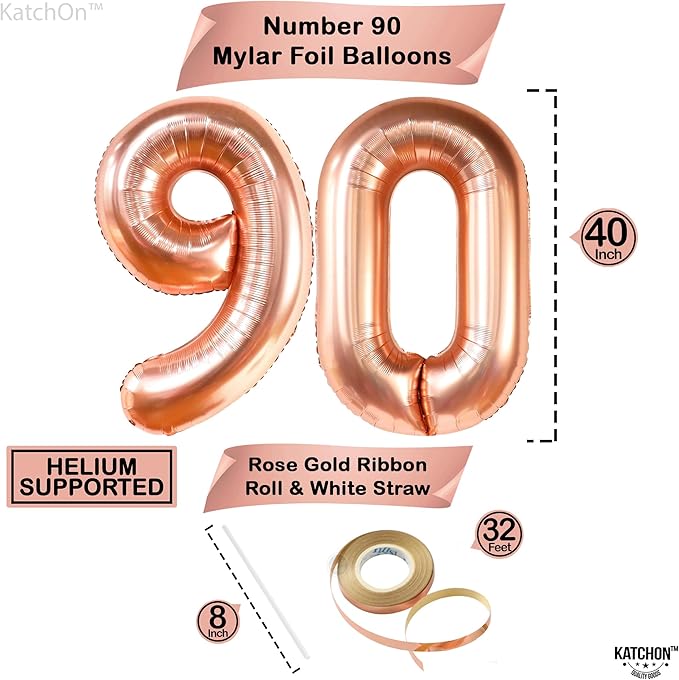 KatchOn, Rose Gold 90 Balloon Numbers - 40 Inch | Huge Rose Gold Balloons with Confetti - 36 Inch, Pack of 21 | 90th Birthday Decorations for Women | Rose Gold Birthday Decorations